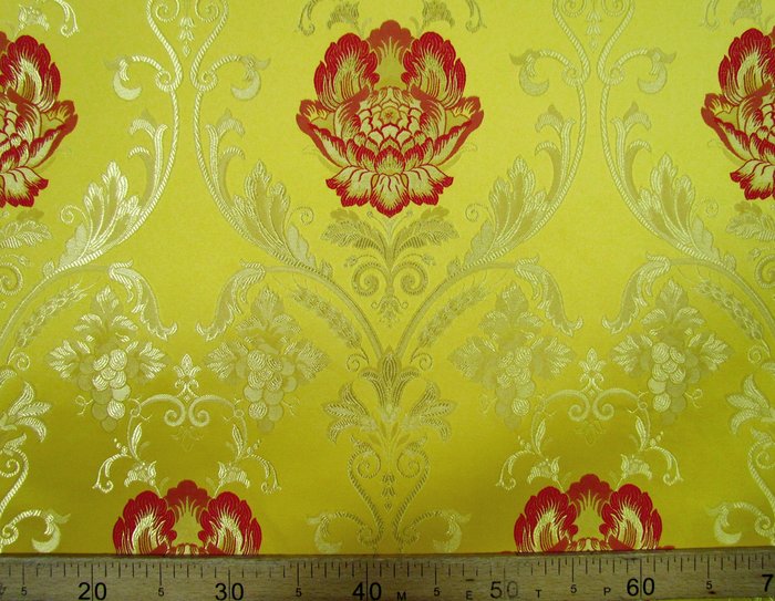 Шелк РОЗА, желтый с горчичной окантовкой, с красной розой, шир. 150 см, Павловский Посад