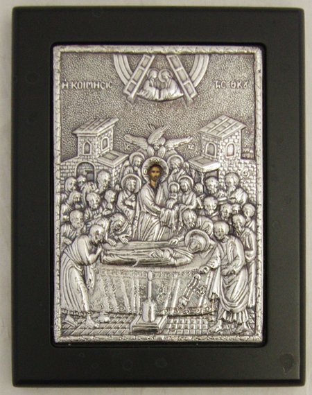 Икона Успение Божей Матери, 10,6х14 см, шелкография, серебряный оклад, на деревянной доске