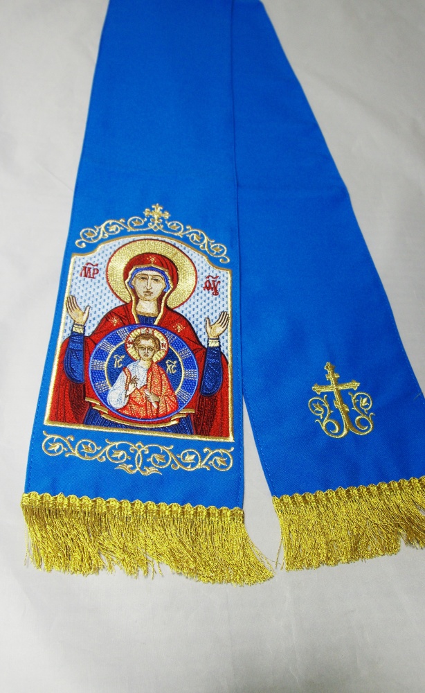 Закладка, вышитая с иконой Богородицы Знамение, голубая + золото, шир. 14,5 см