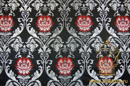 Шелк РОЗА ПАВЛОВСКАЯ, черный с серебром, с красной розой, шир. 150 см, Павловский Посад