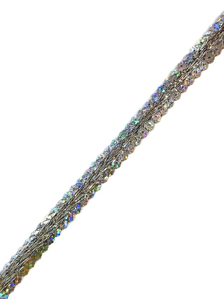 Тесьма декоративная ЕЛОЧКА серебряная, с паетками