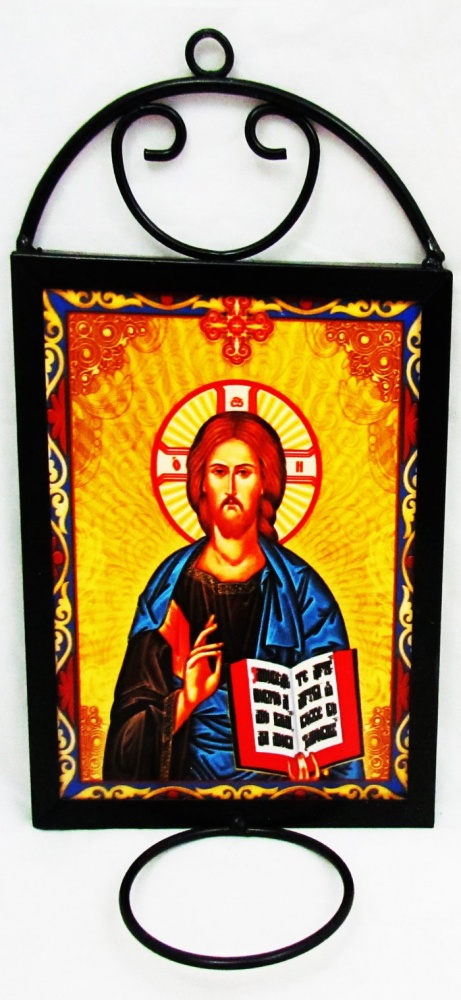 Икона Господь Вседержитель с лампадой полиграфия керамика подвесная металлическая рамка 190257