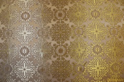 Шелк НИКОМЕДИЯ, горчица с бордо окантовкой, с золотом, шир. 160 см