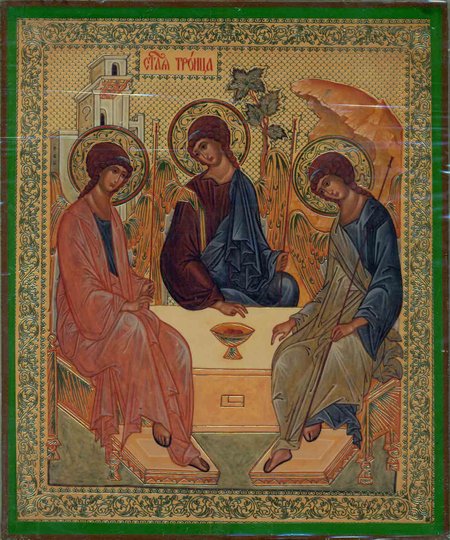 Икона Троица Святая А025, двойное тиснение 17,2х20,8 см на деревянной доске