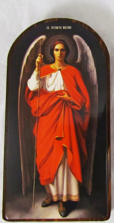 Икона Михаил Архангел (ростовой) №49 р3 литография 16,3х8,4 см на деревянной доске