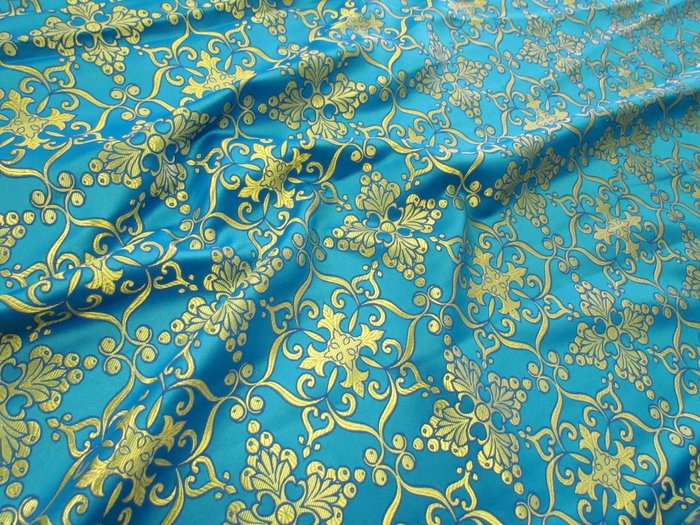 Шелк ИПАТИЙ, голубой с золотом, шир. 150 см, Рахманово