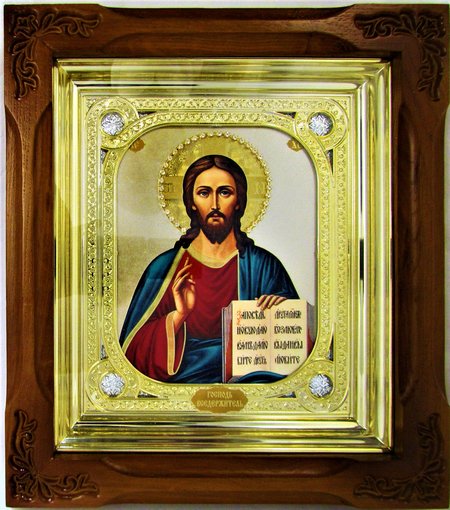 Икона Господь Вседержитель полиграфия 26х30 см, риза, деревянный киот, под стеклом