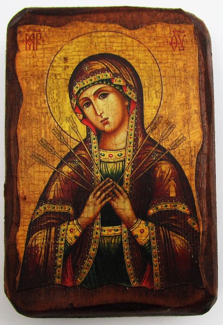 Икона Семистрельная Божией Матери полиграфия 7х10 см, на дереве, текстильная упаковка