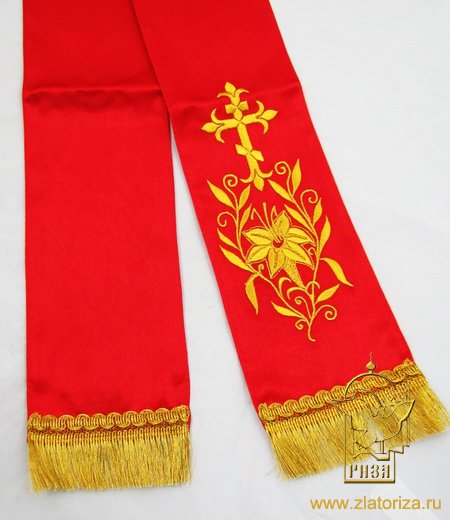 Закладка вышитая, креп, красная с золотом, шир. 13 см