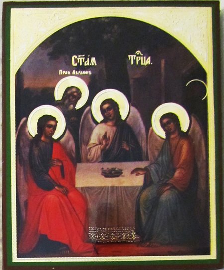 Икона Троица Святая МА227 двойное тиснение 12,7х15,8 на деревянной доске