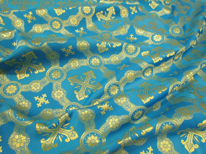 Шелк ГУСЛИЦА, голубой с золотом , шир. 150 см, Рахманово