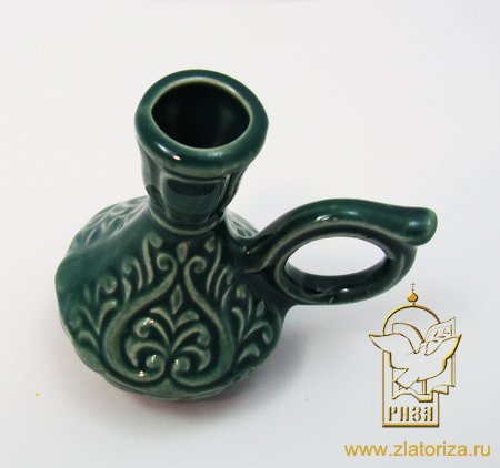 Подсвечник Узор зеленый с ручкой керамика, 6х7 см (с ручкой)