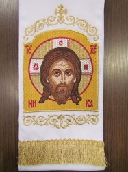 Закладка для служебных книг, с иконой Спас Нерукотворный, вышитая, белая, шир. 14,5 см. + золото, 14,5 см