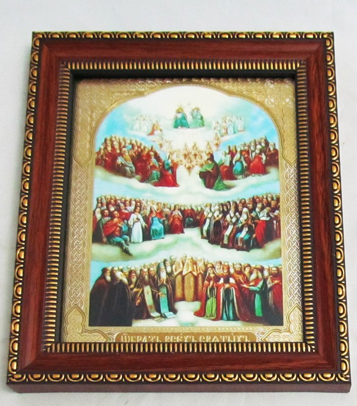 Икона Собор всех святых двойное тиснение 12,5х14,5 см на бумаге, пластмассовая рамка, под стеклом