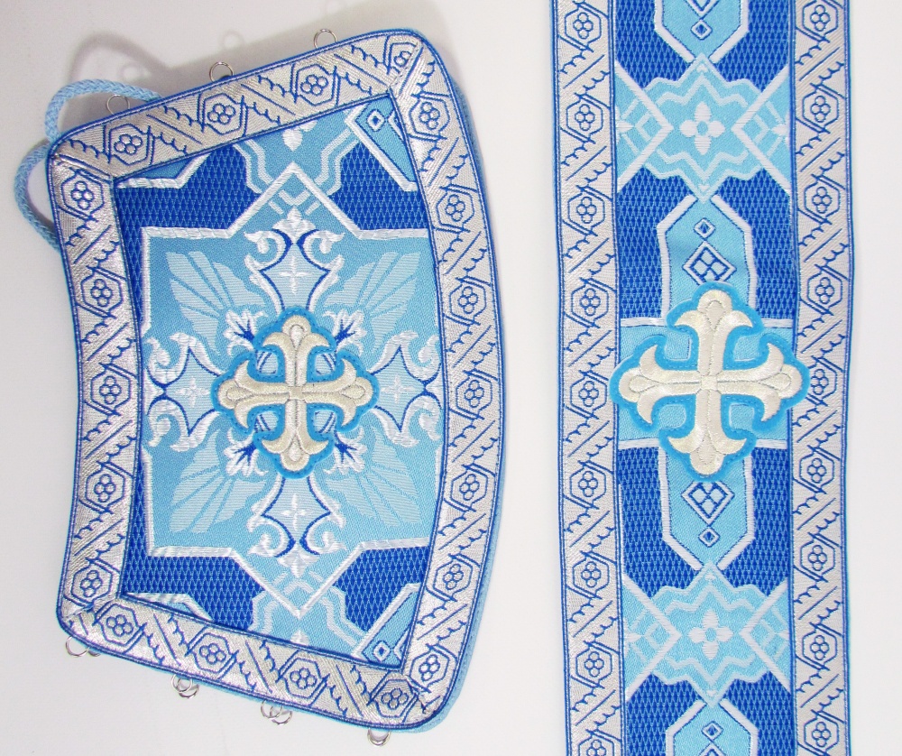 Орарь голубой с серебром, шелк, с поручами