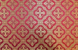 Парча КАНОН красная с золотом, с бордо окантовкой, шир. 150 см, Рахманово