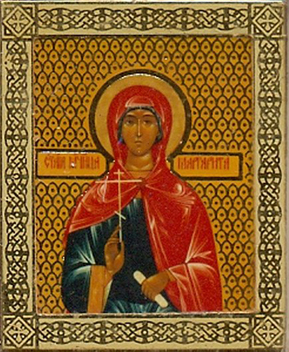 Икона Маргарита святая мученица двойное тиснение 3,1х3,8 на деревянной доске