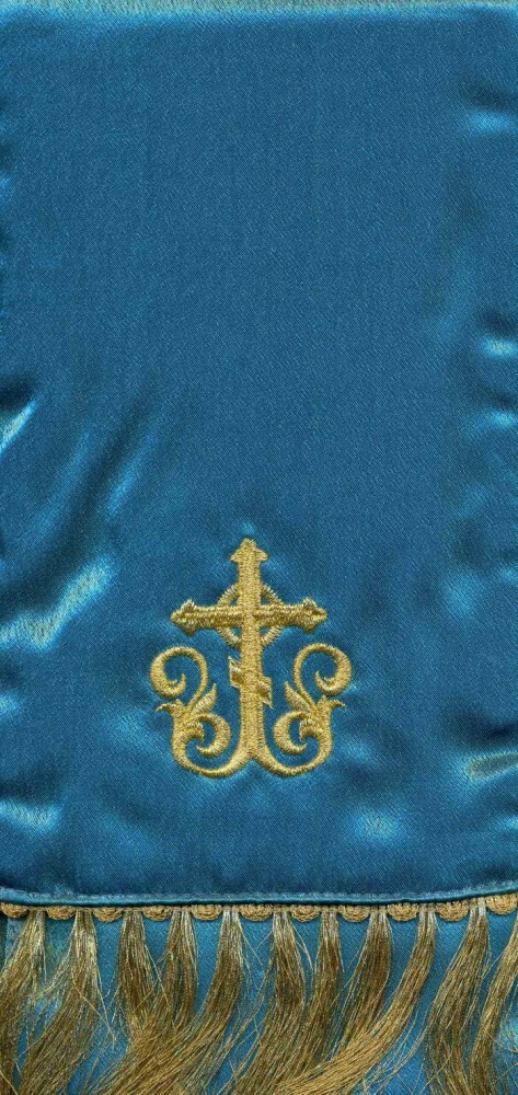 Закладка, вышитая с иконой Богородицы Семистрельная, голубая + золото, шир. 14,5 см