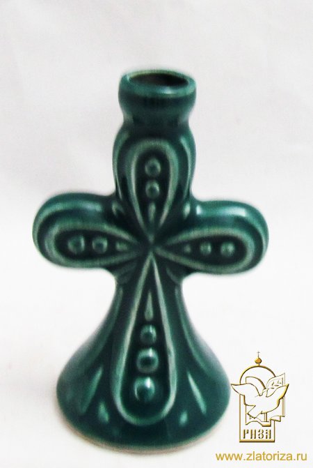 Подсвечник Крест зеленый ажурный, керамика 4,5х7 см