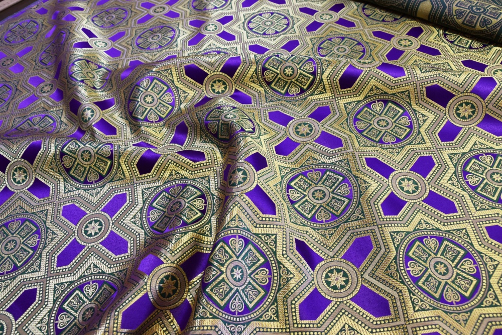 Шелк НЕВСКИЙ, фиолетовый с зеленым, с золотом, шир. 150 см, Рахманово