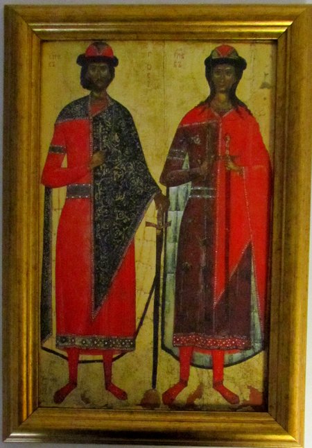 Икона Борис и Глеб святые благоверные князья на холсте в багетной рамке 24,5х34,5 дерево