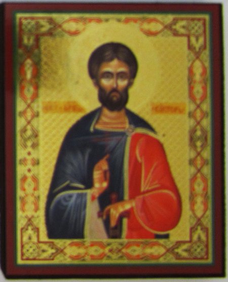 Икона Виктор святой мученик, двойное тиснение 6,2х7,7см на деревянной доске